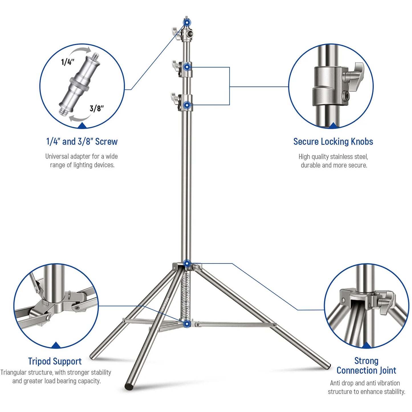 DigiPro Steel Light Stand 806 SS β Heavy Duty Stainless Steel Tripod Stand with Adjustable Height & 1/4" + 3/8" Screw Mount