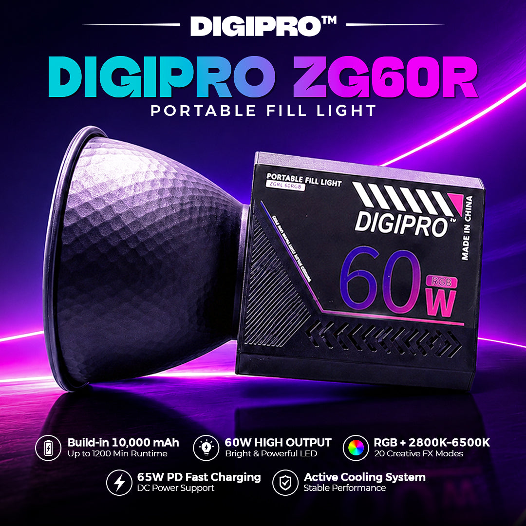 DIGIPRO ZG60R β 60W RGB COB LED Portable Fill Light | ZGRL-60RGB | 2800Kβ6500K + Full RGB | 20 FX Modes | 10000mAh | 65W PD Fast Charging | Photography & Video Light Pakistan