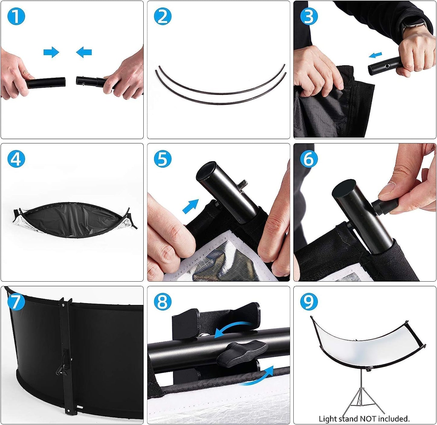 Professional 60×180cm curved clamshell light reflector – 4-in-1 diffuser with white, black, silver, and gold panels for portrait, beauty, product, and studio photography.