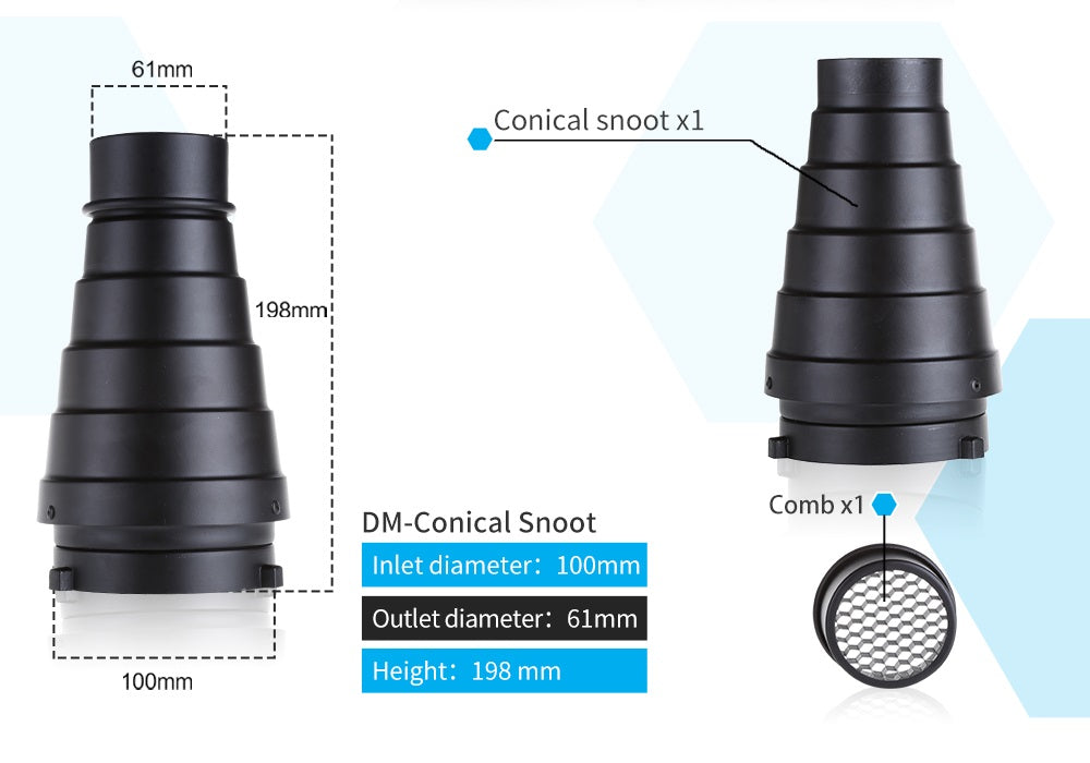 NiceFoto SN-08 Aluminium Snoot with Bowens-S Fitting & Grid (168×248 mm)