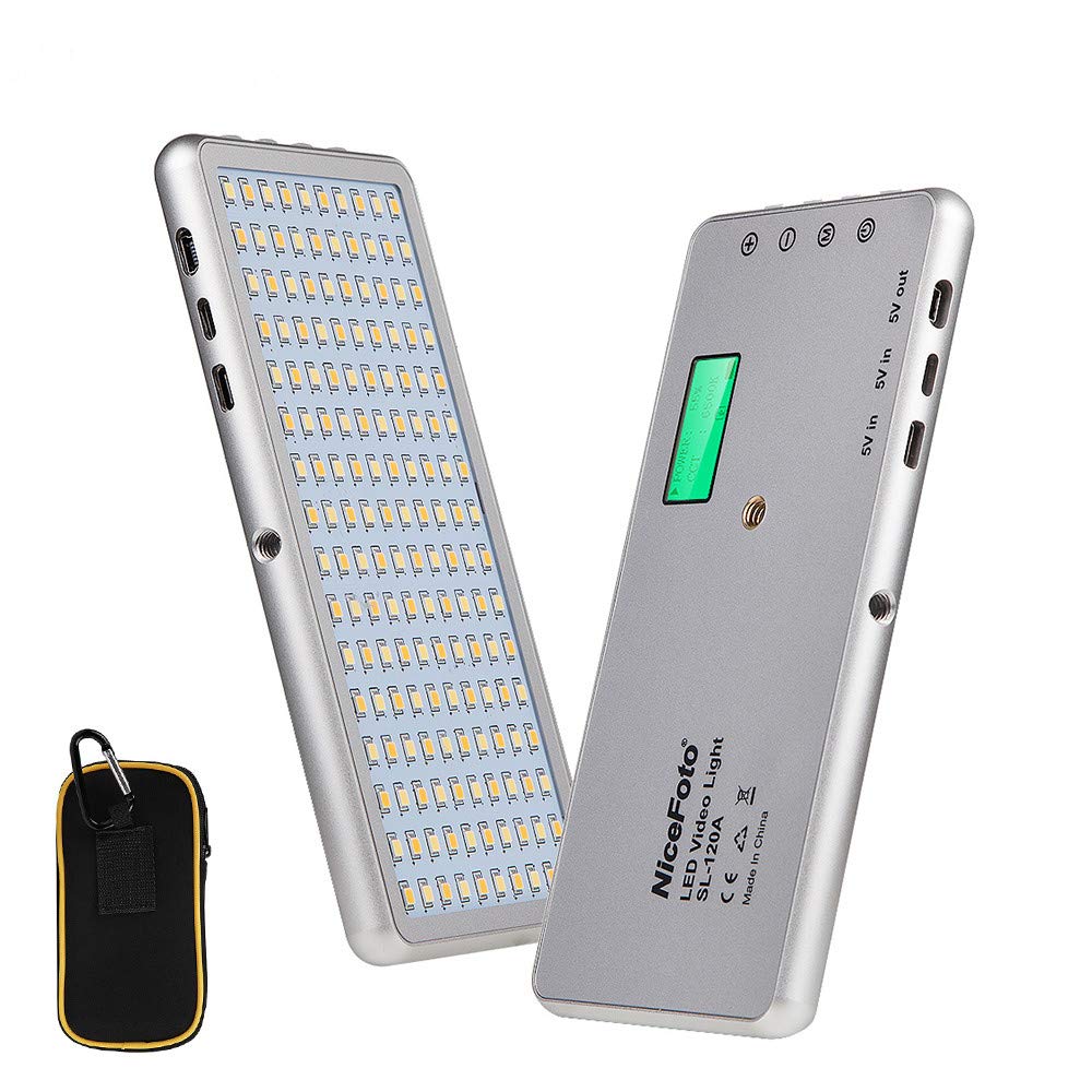 NiceFoto SL-120A portable LED light with 160 beads, 3200K–6500K bi-color, CRI 96+, built-in 4000mAh battery, dimming, and accessories for video & photography.