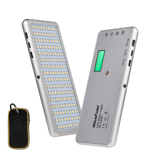 NiceFoto SL-120A portable LED light with 160 beads, 3200K–6500K bi-color, CRI 96+, built-in 4000mAh battery, dimming, and accessories for video & photography.