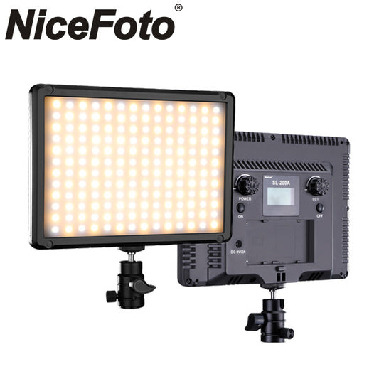 NiceFoto SL-200A 20W bi-color LED video light with 3200K–6500K, CRI 96+, TLCI 96, 2000lm output, dual power supply, and silent cooling. Includes battery & bag.