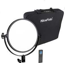 NiceFoto SL-200ARC 30W ultra-thin LED light with 3200K–5600K bi-color, CRI 95+, soft frosted bulb, dimming, dual power, remote & 360° U-bracket.