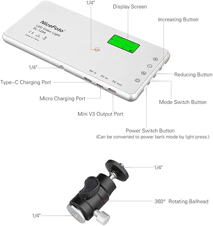 NiceFoto SL-120A portable LED light with 160 beads, 3200K–6500K bi-color, CRI 96+, built-in 4000mAh battery, dimming, and accessories for video & photography.