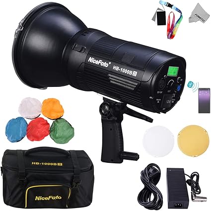 NICEFOTO Daylight COB LED Video Light HB-1000B II CRI95+/TLCI95+, 20000lux@1M Bowens Mount, 2.4G Remote Wireless & APP Bluetooth Control, with AC Power Adapter PW-20 + 6600mAh Li-ion Battery