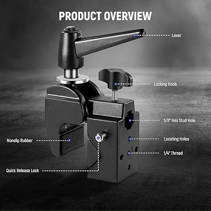 NiceFoto Super Clamp B-01 with 5/8" Stud, Spring Lock, 2.4" Jaw Grip Heavy Duty Crab Pole Clamp for Round Pipe Flat Surface, for Photography Studio Camera Lighting Mounting, Max Load 33lb/15kg