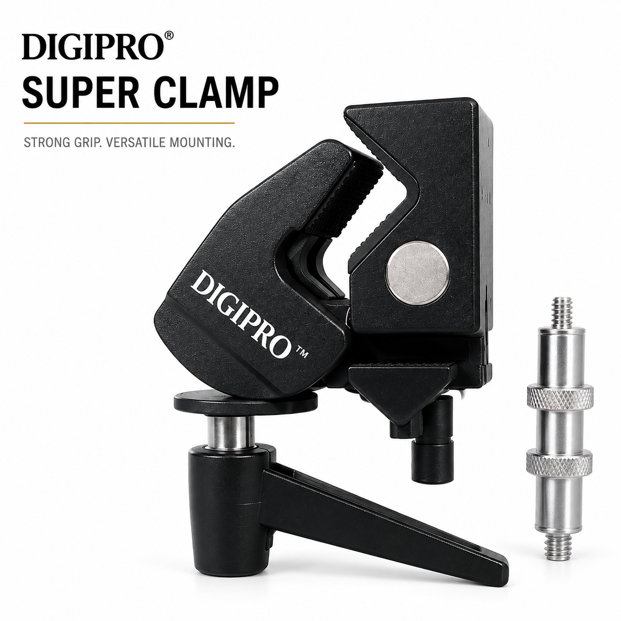 DigiPro Super Clamp with 5/8" Stud, Spring Lock, 2.4" Jaw Grip Heavy Duty Crab Pole Clamp for Round Pipe Flat Surface, for Photography Studio Camera Lighting Mounting, Max Load 33lb/15kg