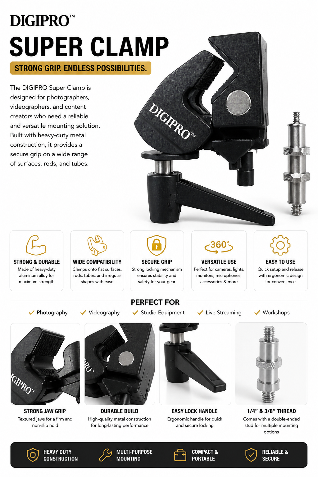 DigiPro Super Clamp with 5/8" Stud, Spring Lock, 2.4" Jaw Grip Heavy Duty Crab Pole Clamp for Round Pipe Flat Surface, for Photography Studio Camera Lighting Mounting, Max Load 33lb/15kg