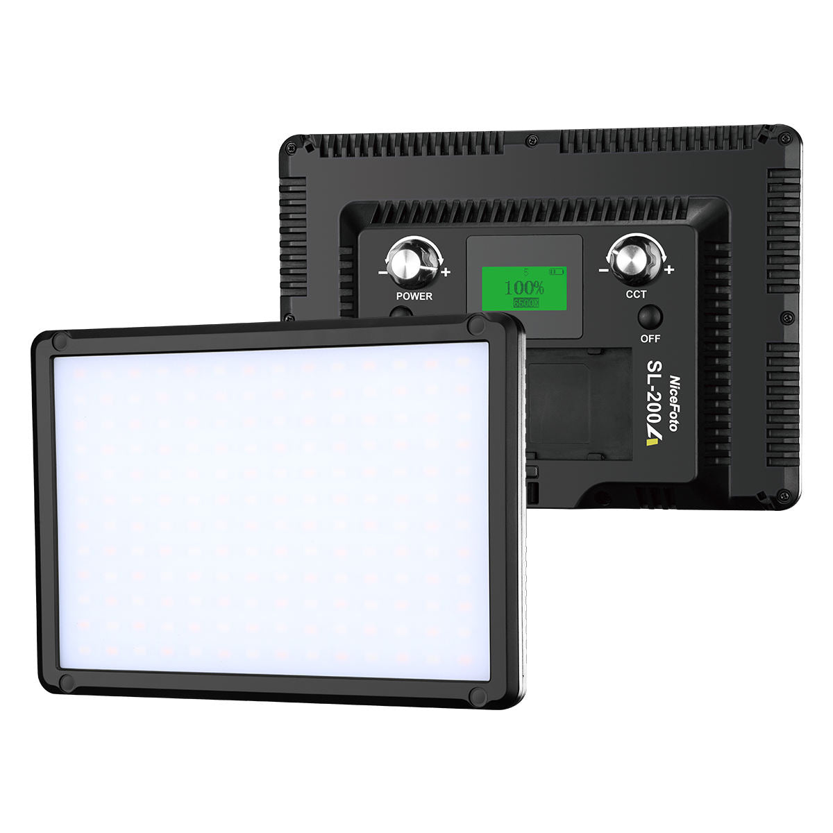 NiceFoto SL-200A 20W bi-color LED video light with 3200K–6500K, CRI 96+, TLCI 96, 2000lm output, dual power supply, and silent cooling. Includes battery & bag.