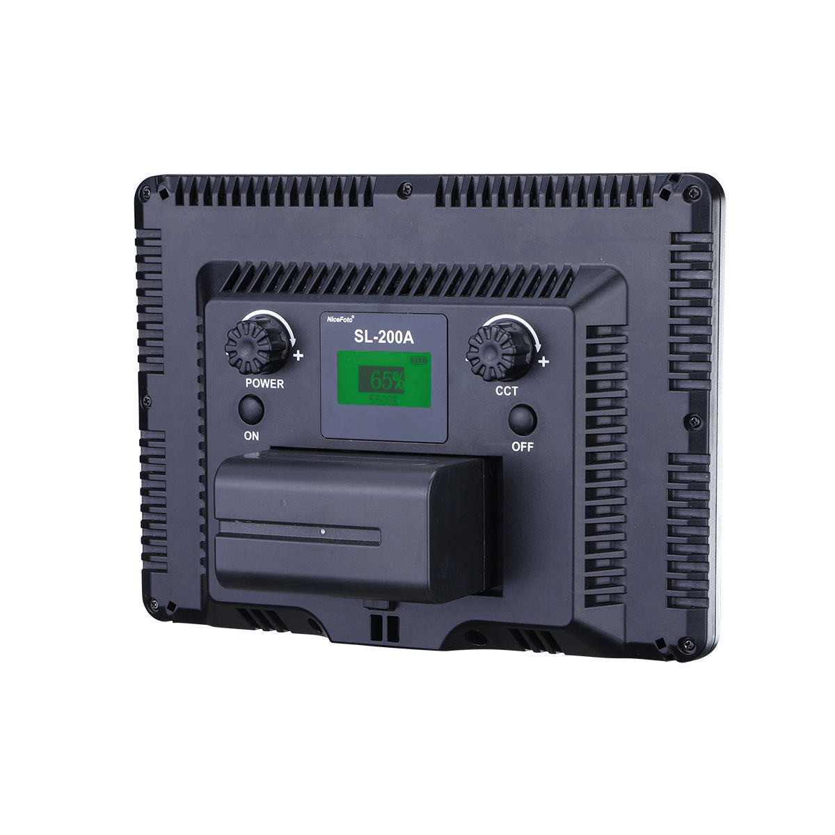NiceFoto SL-200A 20W bi-color LED video light with 3200K–6500K, CRI 96+, TLCI 96, 2000lm output, dual power supply, and silent cooling. Includes battery & bag.