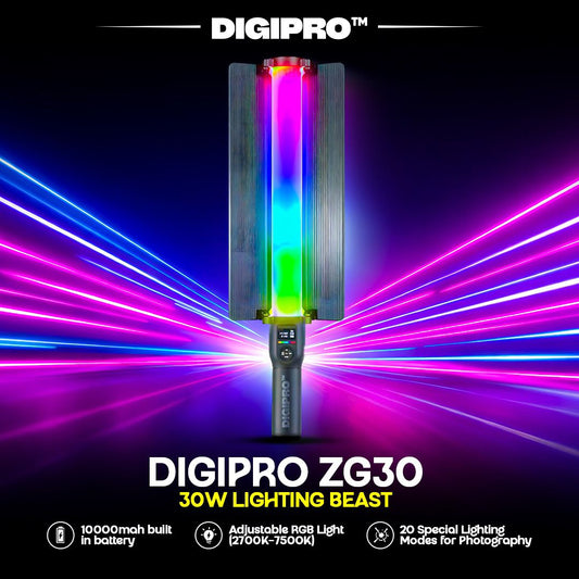DIGIPRO ZG30 RGB LED Light Wand 30W ⚡ | 10000mAh Battery | 360° Full RGB 2700K–7500K | Professional Video & Photography Light Pakistan