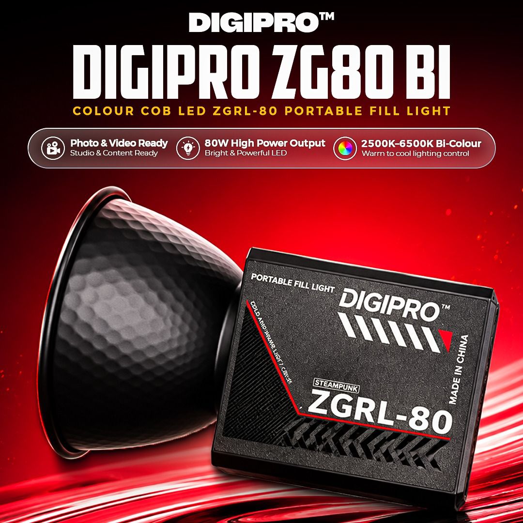 DIGIPRO ZG80 Bi 80W Portable COB LED Video Light – 10000mAh Battery, Bi-Color 2700K-7500K
