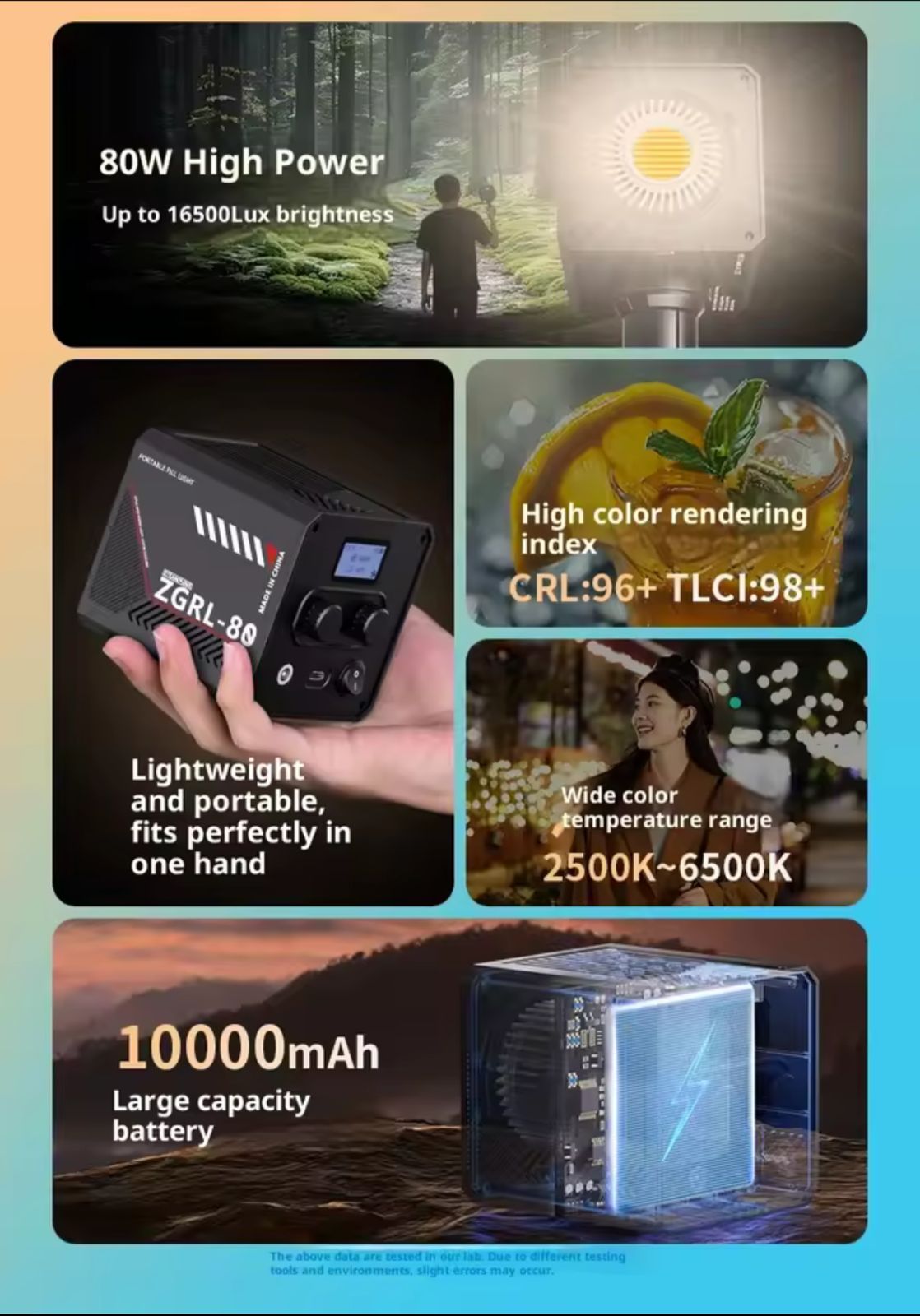 DIGIPRO ZG80 Bi 80W Portable COB LED Video Light – 10000mAh Battery, Bi-Color 2700K-7500K