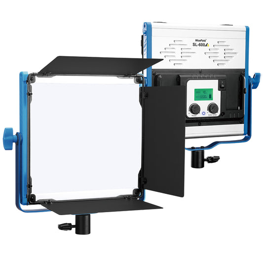NiceFoto SL-600A 30W compact LED panel with 3200K–6500K bi-color, CRI 96+, 3000lm output, APP/manual control, dual power, and durable metal body.